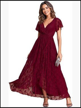 Lace V-Neck Ruffles Sleeves Pleated Maxi Formal Dress